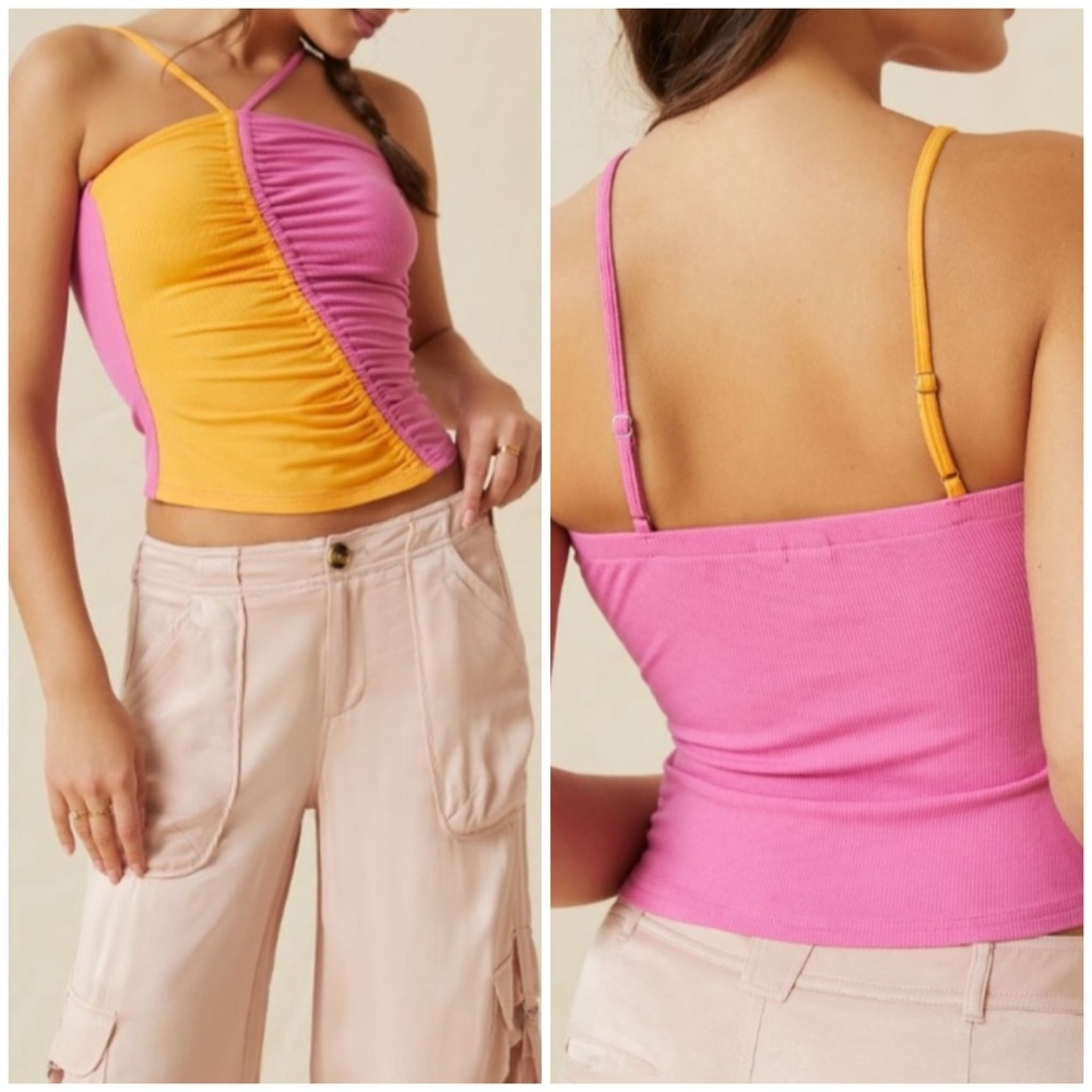 Dolan Anthropologie Asymmetrical Ruched Tank Top small pink orange NWT
